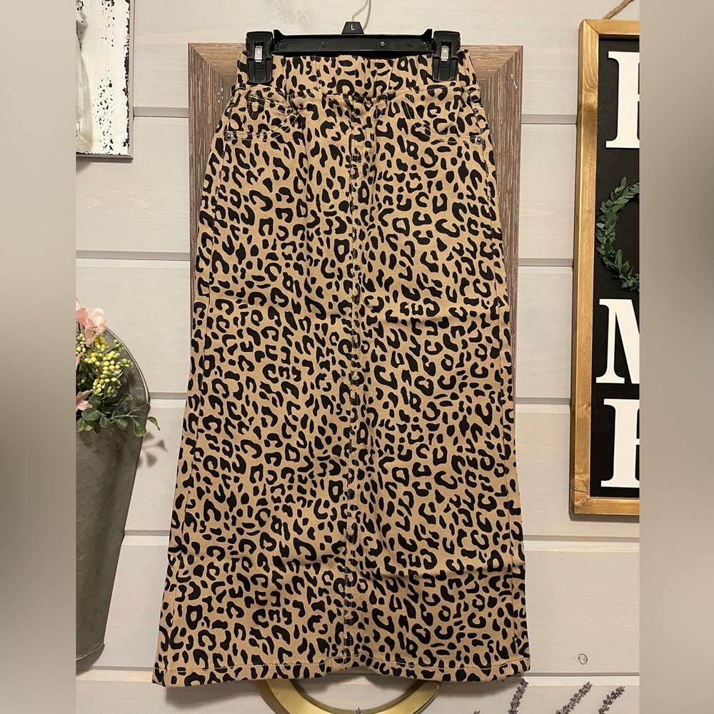 Girls long cheetah stretch denim skirt